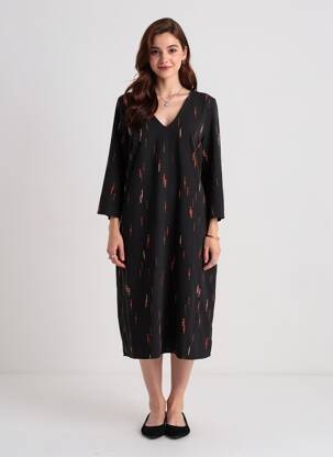 Robe mi-longue imprimé fantaisie manches longues noir ICHI femme
