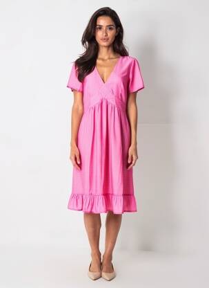 Robe mi-longue tissage crêpe manches courtes rose TIMELESS femme