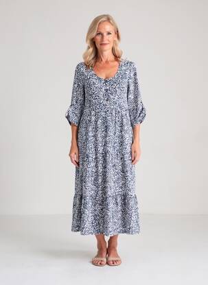 Robe longue imprimé fantaisie manches 3/4 bleu MARBLE femme