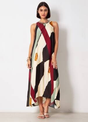Robe longue imprimé fantaisie sans manche beige DIXIE femme