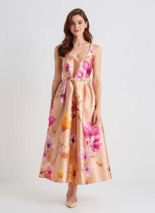 Robe longue imprimé fantaisie fines bretelles beige DIXIE femme