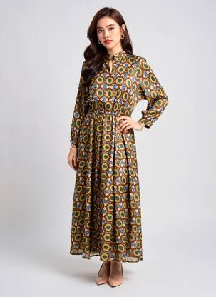 Robe longue imprimé fantaisie manches longues vert DIXIE femme