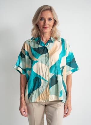 Chemisier imprimé fantaisie manches courtes bleu BLANC BOHEME femme