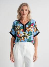 Blouse imprimé fleurs manches courtes bleu FRANCE RIVOIRE femme