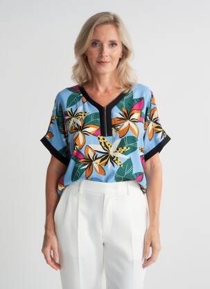Blouse tissage popeline manches courtes bleu FRANCE RIVOIRE femme