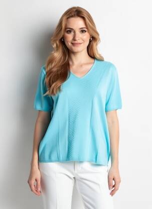 Pull col v manches courtes bleu JUPER femme