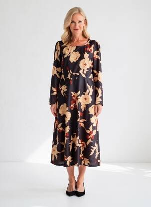 Robe mi-longue imprimé fleurs manches longues noir SWEET MISS femme