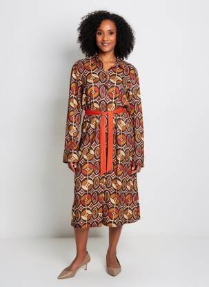 Robe mi-longue imprimé fantaisie manches longues orange SWEET MISS femme