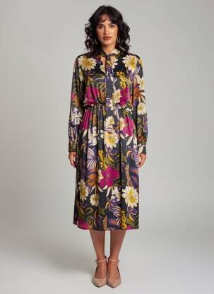 Robe mi-longue imprimé fleurs manches longues noir EUFORIA femme
