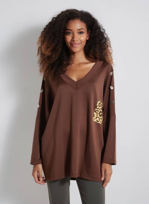 Sweat-shirt stretch manches longues marron 2W PARIS femme