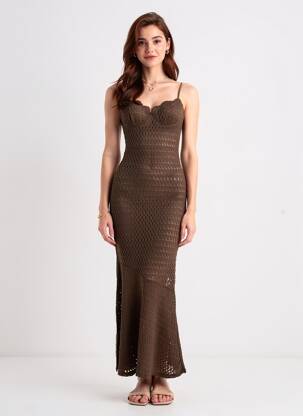 Robe longue coupe cintrée fines bretelles marron GIORGIA femme