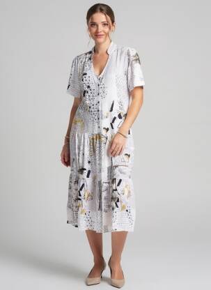 Robe mi-longue imprimé fantaisie manches courtes blanc DOLCEZZA femme