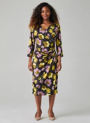 Robe mi-longue imprimé fleurs manches 3/4 noir EGERIE femme