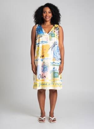 Robe mi-longue imprimé fantaisie sans manche jaune OUI femme