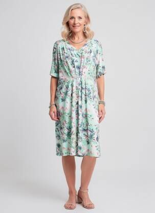 Robe mi-longue imprimé fleurs manches courtes vert JOY OF LIFE femme