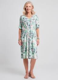 Robe mi-longue imprimé fleurs manches courtes vert JOY OF LIFE femme