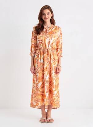 Robe longue imprimé fantaisie manches 3/4 orange SOYACONCEPT femme