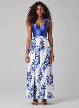 Robe longue manches dos nu sans manche bleu PROMULIAS femme
