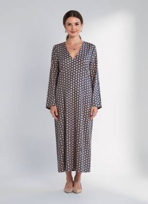 Robe mi-longue imprimé fantaisie manches longues bleu TOUPY femme