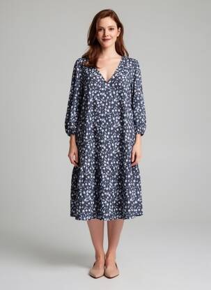 Robe mi-longue imprimé fleurs manches longues bleu MARINA RINALDI femme