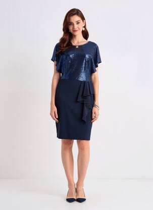 Robe mi-longue fermeture zippée au dos manches courtes bleu JOSEPH RIBKOFF femme