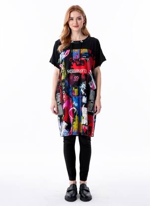 Robe mi-longue imprimé fantaisie manches courtes noir JOSEPH RIBKOFF femme