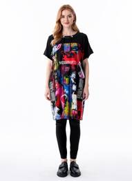 Robe mi-longue imprimé fantaisie manches courtes noir JOSEPH RIBKOFF femme