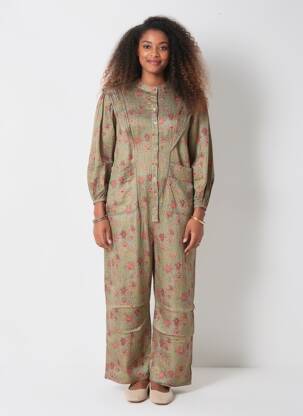 Combi-pantalon fermeture boutonnée sur le devant manches longues vert CHERUBINA femme
