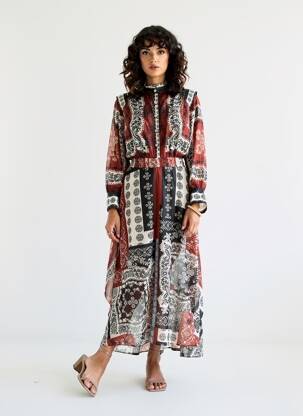 Robe longue manches longues manches longues marron LESLIE femme