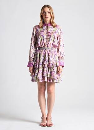 Robe mi-longue imprimé fantaisie manches longues violet LESLIE femme