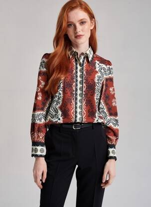 Chemisier imprimé fantaisie manches longues marron LESLIE femme