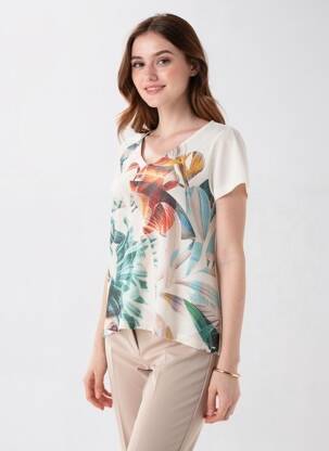 T-shirt imprimé fantaisie manches courtes beige LA FEE MARABOUTEE femme