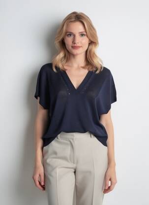 Pull col v manches courtes bleu LA FEE MARABOUTEE femme