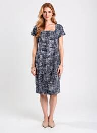 Robe mi-longue tissage crêpe manches courtes bleu VERA MONT femme