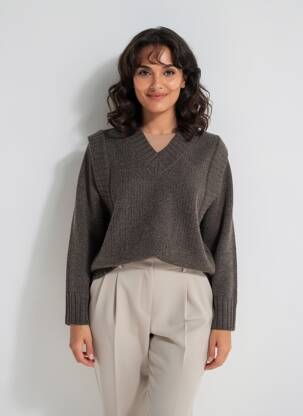 Pull col v manches longues gris NÜ femme