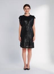 Robe mi-longue fermeture zippée au dos manches courtes noir ICHI femme