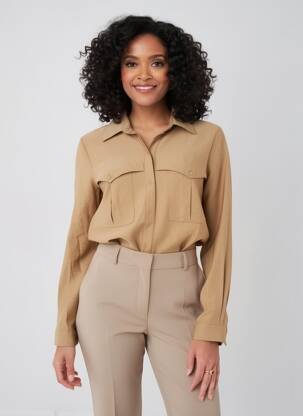 Chemisier tissage crêpe manches longues beige HALOGENE femme