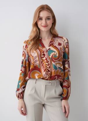 Blouse tissage popeline manches longues rouge HALOGENE femme
