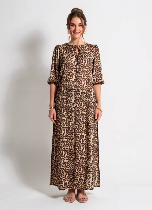 Robe longue coupe cintrée manches 3/4 marron KAFFE femme