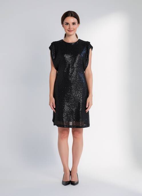 Robe mi-longue fermeture zippée au dos manches courtes noir ICHI femme
