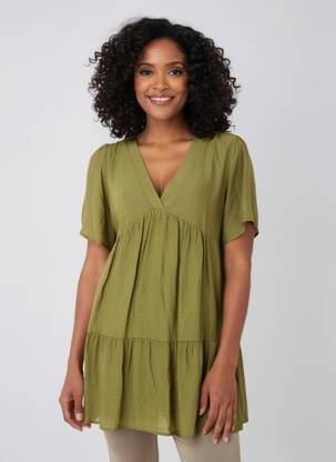 Robe mi-longue coupe évasée manches courtes vert GOA femme
