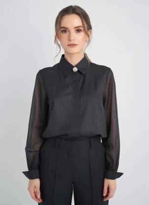 Chemisier coupe droite manches longues noir LARA femme