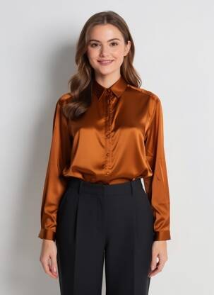 Chemisier coupe droite manches longues marron AKOZ femme