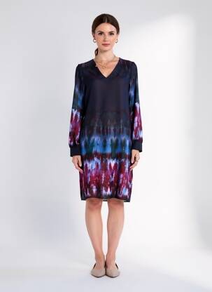 Robe mi-longue imprimé fantaisie manches longues bleu LA FEE MARABOUTEE femme