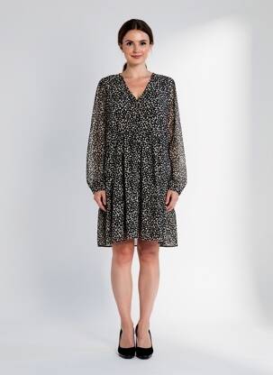 Robe mi-longue imprimé fantaisie manches longues noir LA FEE MARABOUTEE femme