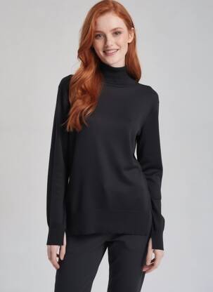 Pull col roulé coupe ajustée manches longues noir KAFFE femme