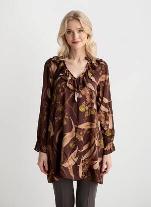 Robe mi-longue imprimé fantaisie manches longues marron LUMA femme