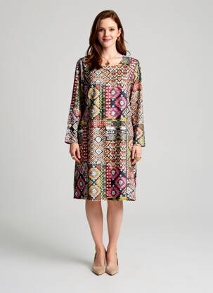 Robe mi-longue imprimé fantaisie manches longues noir FRANCE RIVOIRE femme