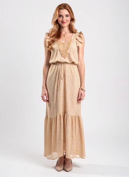 Robe longue imprimé fantaisie manches courtes jaune BRIEFLY femme