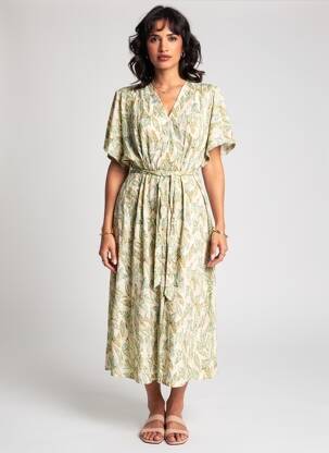 Robe mi-longue imprimé fantaisie manches courtes vert YEST femme